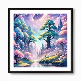 A Fantasy Forest With Twinkling Stars In Pastel Tone Square Composition 130 Art Print