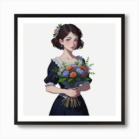 Girl Holding Bouqet Of Flowers Art Print