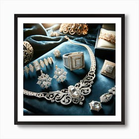 An Elegant Jewelry Display Featuring Exquisite Pieces Of Jewelry On A Plush, Deep Blue Velvet Background Art Print