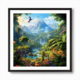 Jungle Scene With Waterfall And Birds Art Print