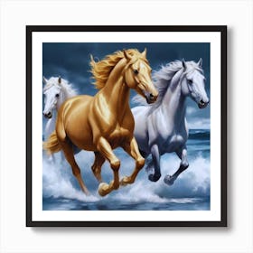 Three Horses Running In The Ocean Art Print