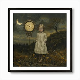Twilight Reverie: This enchanting artwork captures a young girl standing in a twilight meadow, bathed in the soft glow of a crescent moon and surrounded by wildflowers. Beside her stands an ornate, antique clock, its face gently illuminated against the dusky sky. The girl's delicate dress and serene expression evoke a sense of innocence and timeless wonder, while the dark, moody landscape hints at the mysteries of the night. This piece beautifully balances light and shadow, creating a dreamlike atmosphere that invites viewers to explore the magic of twilight and the quiet moments of contemplation. Art Print
