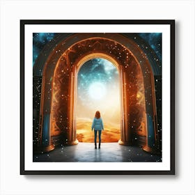 Woman Standing In Front Of An Open Door Art Print