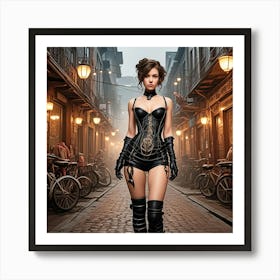 Steampunk Lady Walking The Street Cubism Style Art Print