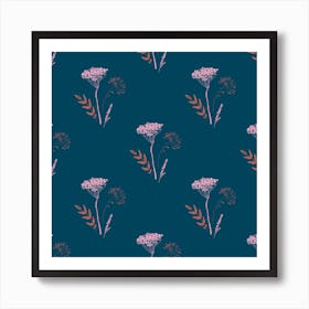 Pink Yarrow On Navy Art Print