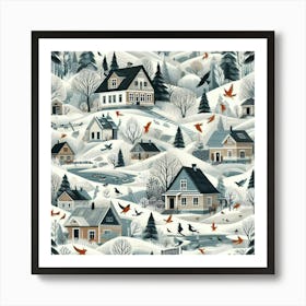 Winter Village Among The Hills With Red Birds Art Print