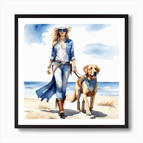 Coastal Cowgirl on Beach with Dog 1 Art Print