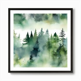 Appalachian Mountains of Misty Pines Watercolor Print of Evergreen Forest..366 Art Print