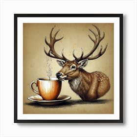 Deer With Cup Of Coffee Art Print