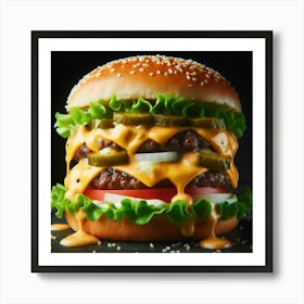 Behold the towering, delectable, and mouthwatering double cheeseburger, a culinary masterpiece that tantalizes the taste buds with its juicy beef patties, melted cheese, crisp lettuce, zesty pickles, and fluffy sesame bun, all coming together in perfect harmony to create a symphony of flavors that will leave you craving for more. Art Print