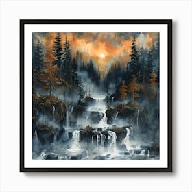 Waterfalls In The Forest, Impressionism and Realism Art Print