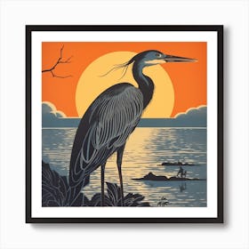 Retro Bird Lithograph Great Blue Heron 3 Art Print