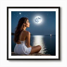 Jovencita Contemplando La Luna Art Print