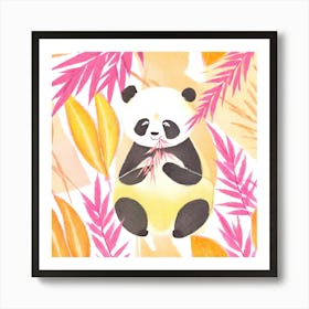 Cute Panda Bear in Pink Yellow Leaves Art Print