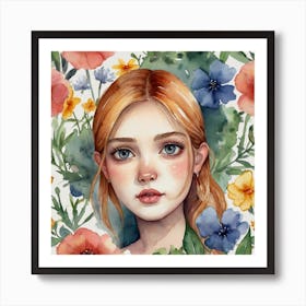 Watercolor Of A Girl With Flowers Art Print