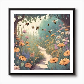 Magical Garden With Bees And Flowers, Pastel Art Print
