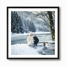 Firefly Charming Winter Walk By The Lake With Children 82698 Art Print