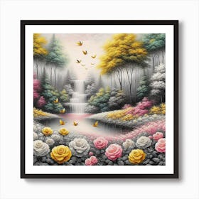 Roses And Waterfall Art Print