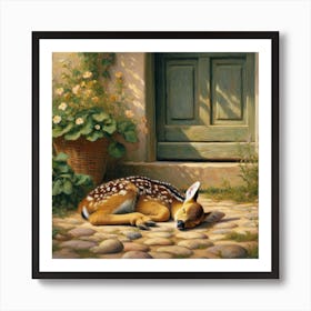 Baby deer fell asleep in front of my door Art Print