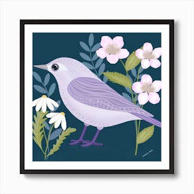 Folk Art Lilac Bird With Flowers Square Art Print