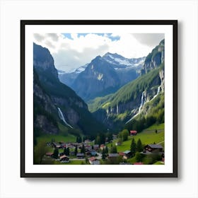 Lauterbrunnen Valley of Switzerland, With Cliffs And Waterfall Art Print