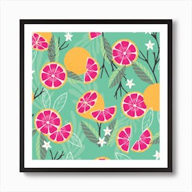 Grapefruit Pattern With Florals And Branches On Green Square Affiche