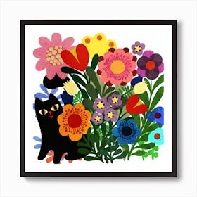 Black Garden Cat Square Art Print