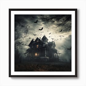 Haunted House With Bats Art Print