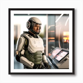 The Image Depicts A Stronger Futuristic Suit For Military With A Digital Music Streaming Display 6 Art Print