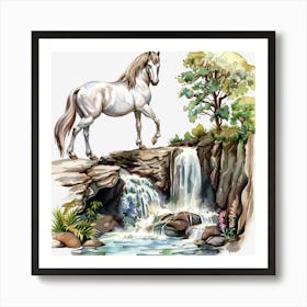 Horse By The Waterfall Art Print