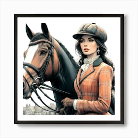 British Lady By Her Horse Color Detail Drawing Art Print