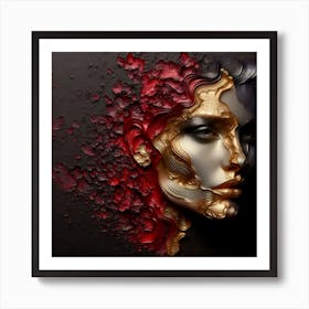 Abstract Face Portrait Of A Beautiful Woman - An Embossed Artwork In Blood Red, Golden, and Silver Grey On Charcoal Background. Art Print