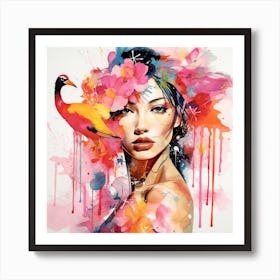 Colorful Woman With Bird Art Print