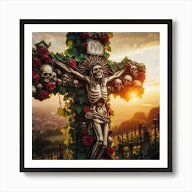 Cross With Skulls And Roses Art Print