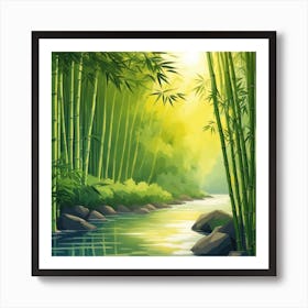 A Stream In A Bamboo Forest At Sun Rise Square Composition 230 Art Print