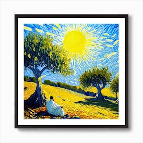 Man In Olive Grove Under A Hot Sun Art Print