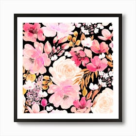 Floral Chaos Black Pink Art Print