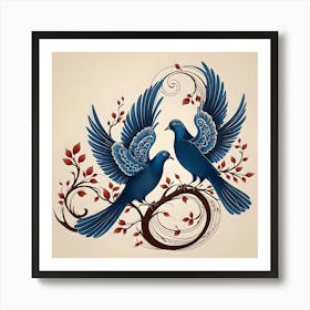 Two Pigeons On One Branch, Blue, Brown and Brick Red Art Print