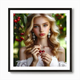 Beautiful Young Woman Holding Cherries Art Print