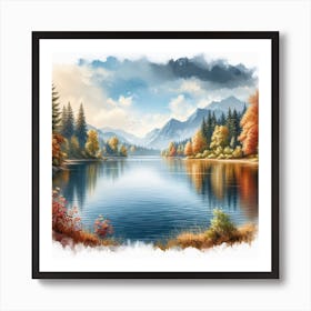 Autumn Lake: A Realistic and Relaxing Watercolor Painting of a Tranquil Landscape Art Print