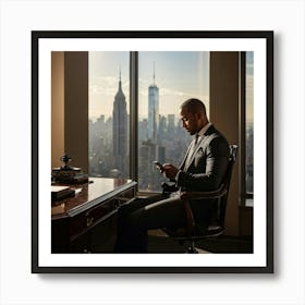 Businessman Clad In A Tailored Suit Texting On A Sleek Smartphone Seated At An Ornate Mahogany De Art Print