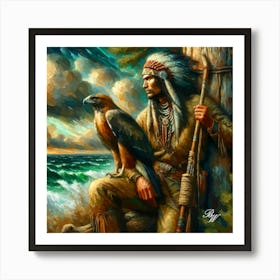 Oil Texture Native American Indian And Hawk 3 Copy Art Print