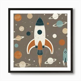 Space Rocket In Earthy Tones Nursery Art Print 2 Art Print