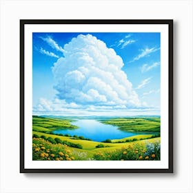 Cumulus Clouds Cotton Like In Texture Dominate The Expansive Azure Sky While A Serene Landscape Un 2 1 Art Print