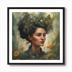 Woman With Flowers On Her Head Art Print