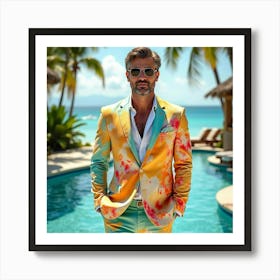 Dapper Man In Watercolor Suit, Luxurious Tropical Resort 1 Art Print