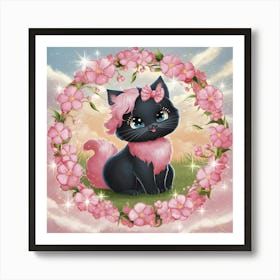 Black Cat With Pink Flowers Art Print