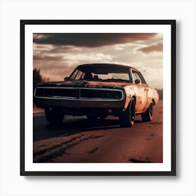 Old Muscle Car At Sunset Art Print