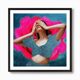 Hot Pink Glitter Denim Model Collage Pink & Navy Square Art Print