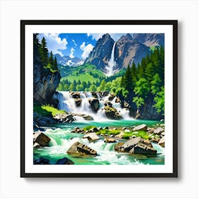 Waterfall In The Mountains Art Print